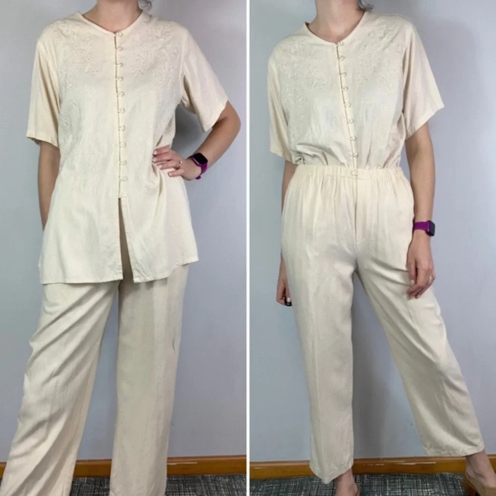 Vintage 907 Company Silk Two Piece Cream Pants Set Size Small